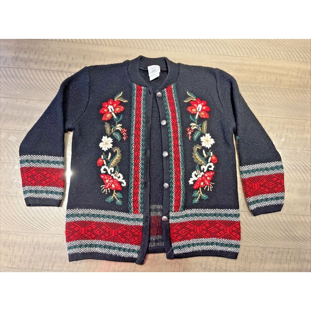 Vtg Laura Ashley Wool Cardigan Sweater Womens Small Christmas Holiday Nordic Gma